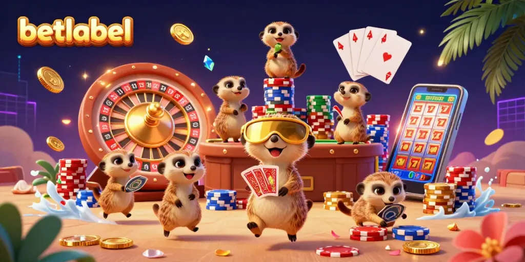 Betlabel features a dynamic casino scene with meerkats and floating chips.
