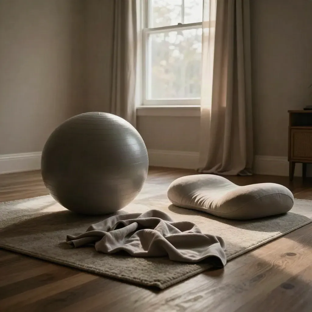 Salón con pelota prenatal, manta y cojín lumbar junto a una ventana alta con cortina movida por el aire.