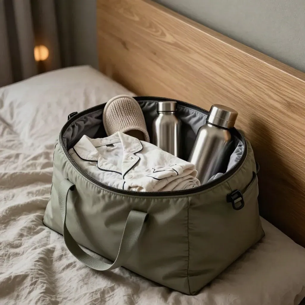 Bolso de maternidad abierto junto a la cama, con pijama, zapatillas y botella en una noche ventosa.