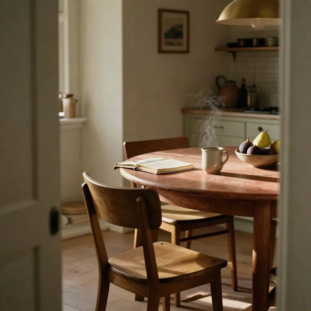 Mesa de comedor lista para hablar del plan de parto, con sillas vacías, taza, fruta y libreta.