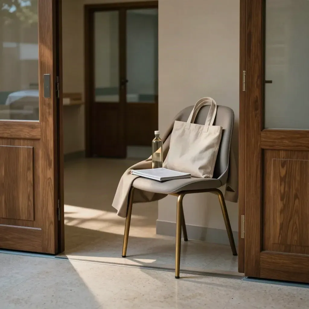 Entrada de consulta prenatal con abrigo doblado, tote, agua y revista sobre silla, luz suave matinal.