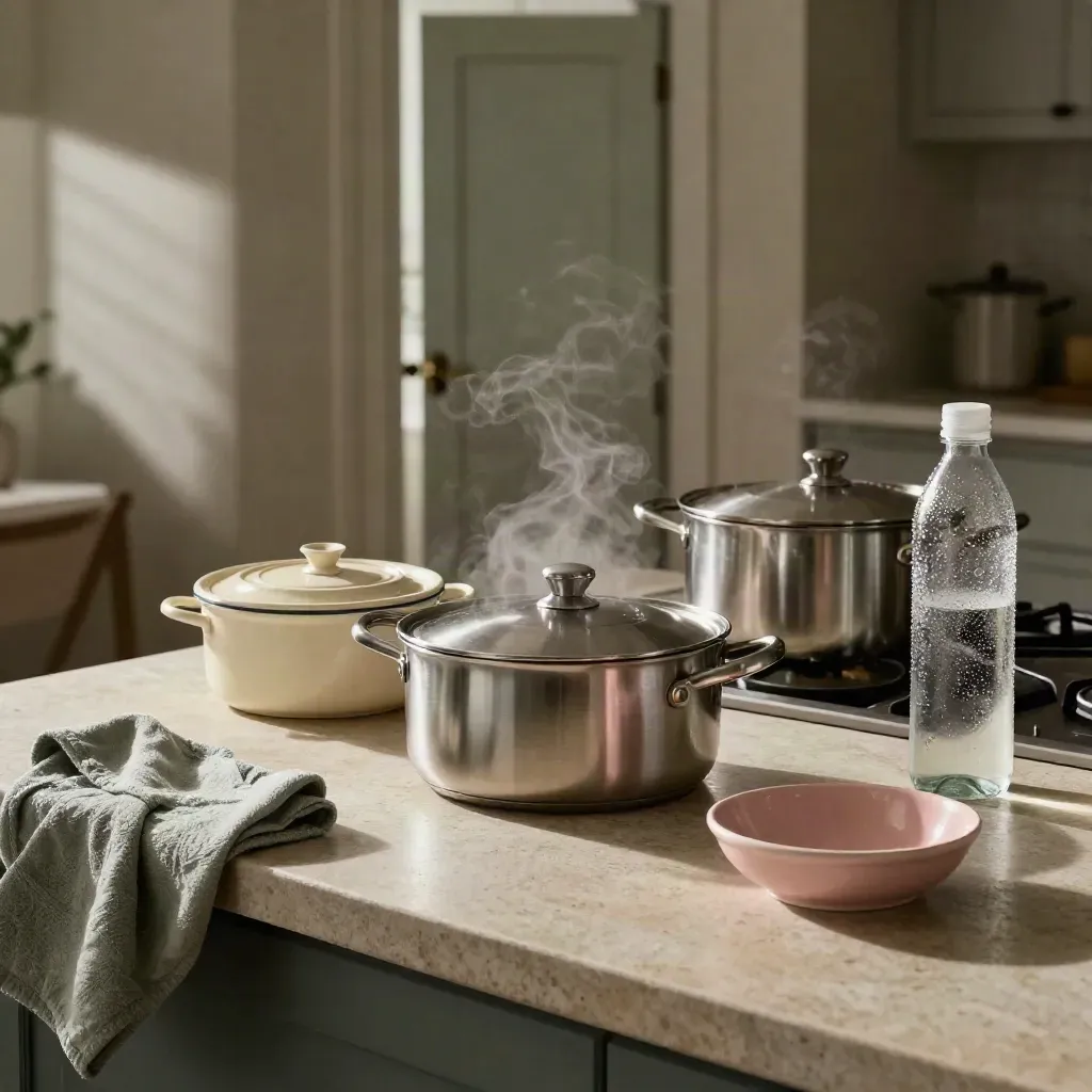 Cocina de posparto con cazuelas tapadas, manta en silla, agua fría y vapor suave al amanecer.