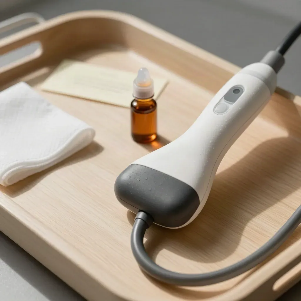 Sonda de ecografía con gel y gasa sobre bandeja clínica, luz suave lateral.