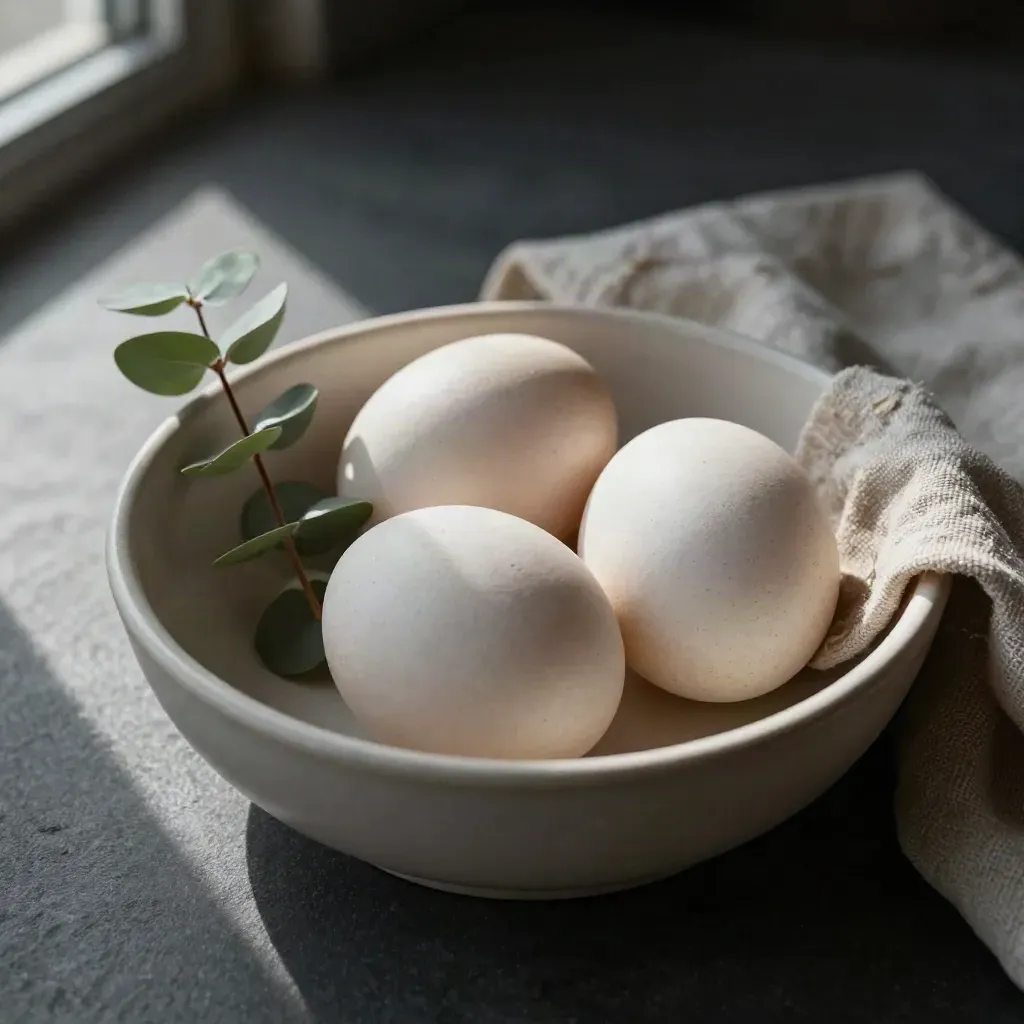 Dos huevos de piedra en un cuenco crema con eucalipto y gasa de lino.