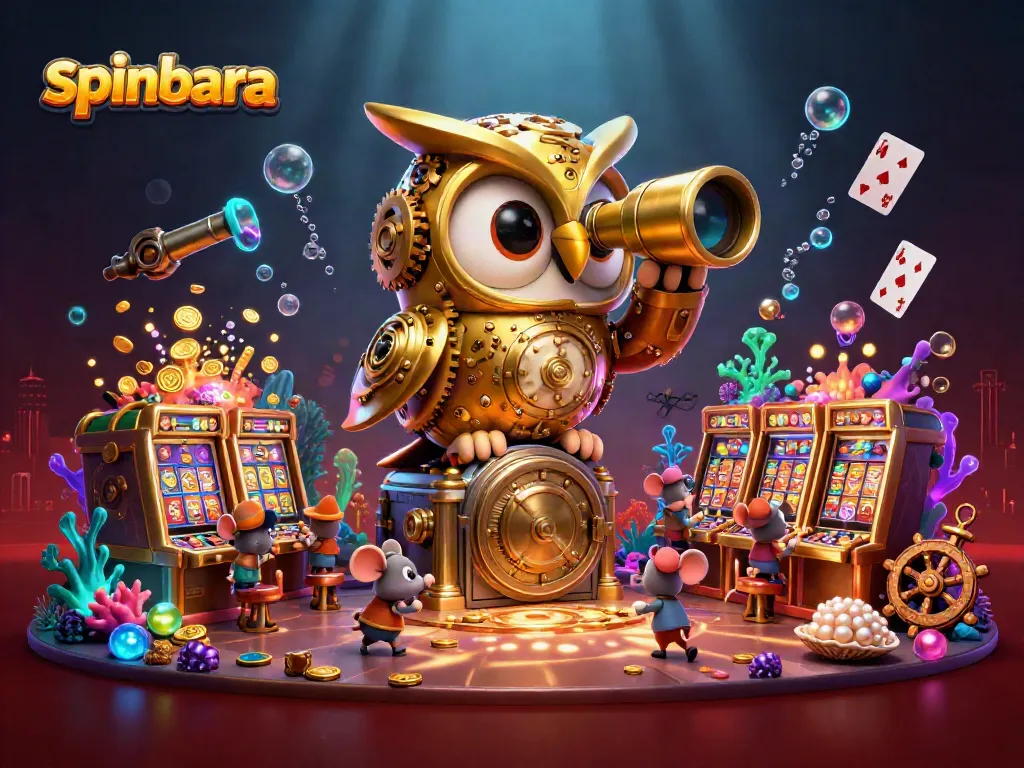 Engage with spinbara in this vibrant casino scene featuring whimsical characters amidst gaming elements.