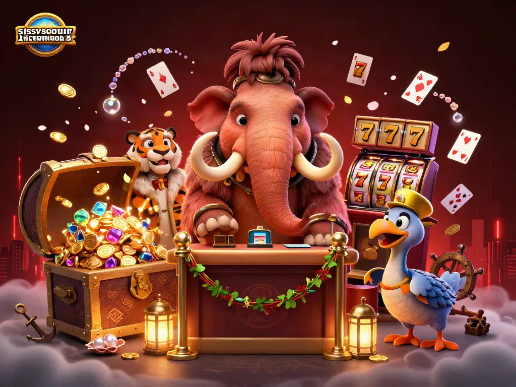 Sissyssouthernkitchen showcases a vibrant 3D digital gambling scene featuring a woolly mammoth and a saber-tooth tiger.